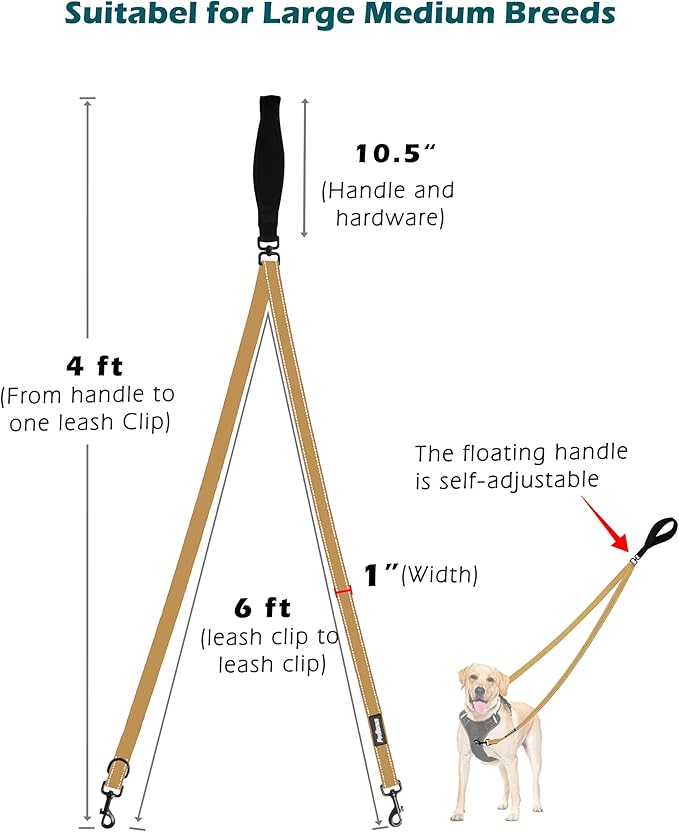 PetBonus Two Point Control Dog Leash, Works with No Pull Harnesses, No Tangle Training Leashes, Soft Padded and Reflective Walking Lead, Converts to Single Lead for Medium Large Dogs (Khaki)