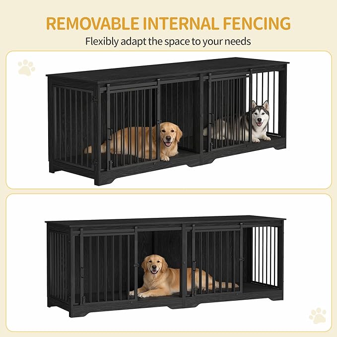 78" Dog Crate Furniture for 2 Dogs, Double Dog Cage with Divider, Wooden Heavy Duty Dogs Kennel, Pet Cage with Barn Door, TV Stand for Large Small Medium Pet, Black DFC83704B