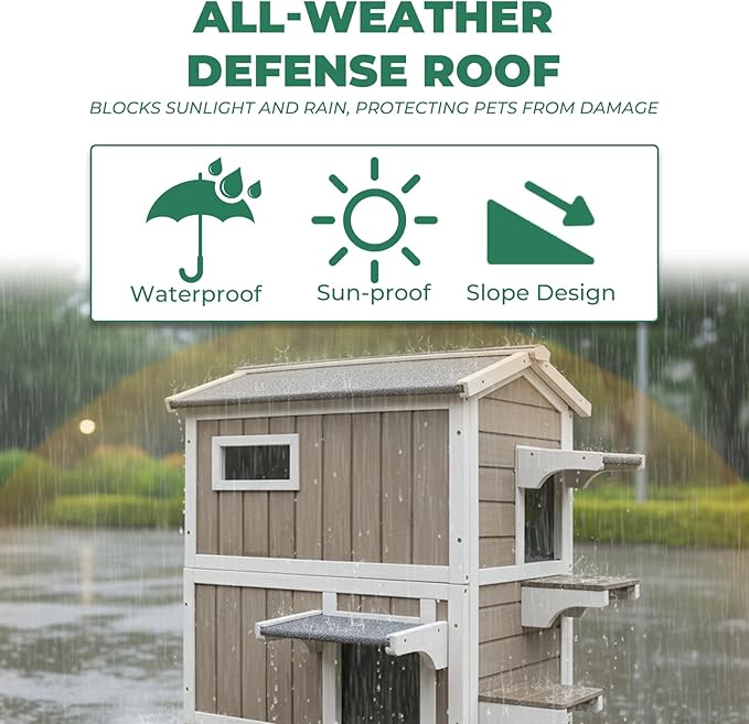 Insulated Cat House for Winter, Wood Two Story Outdoor Cat House Weatherproof with Cat Scratching Cloth, 3 Jumping Platforms, 3 Doors, Outside Indoor Clawsable Feral Cats Shelter for Small Animals