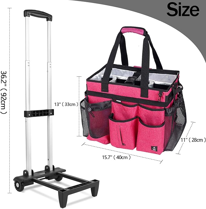 Extra Large Rolling Cleaning Caddy Bag with Detachable, Foldable Trolley Portable Cleaning Cart for Housekeeping Cleaning Caddy with Adjustable Shoulder Strap and Multiple Storage Pockets