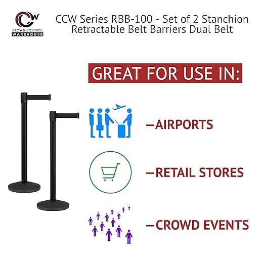 Crowd Control Warehouse CCW Series RBB-100 - Set of 2 Stanchion Retractable Belt Barriers - 11 Foot, Black White Horizontal Stripe Belt with Black Post - Easy Assembly