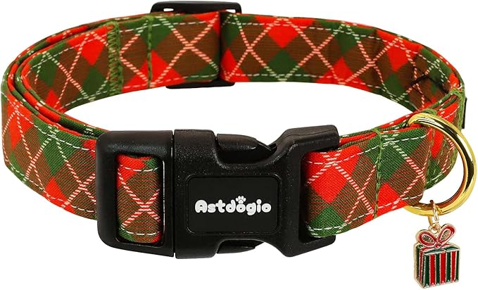 Small Christmas Dog Collar, Adjustable Dog Christmas Collars, Red Green Plaid Puppy Collar, Cute Dog Collars Holiday Collar for Girl Boy Dogs-S