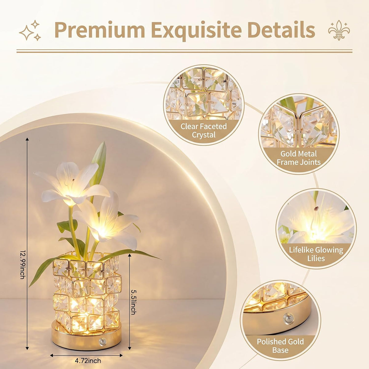 Lily Flower Touch Crystal Table Lamp Rechargeable Gifts for Women
