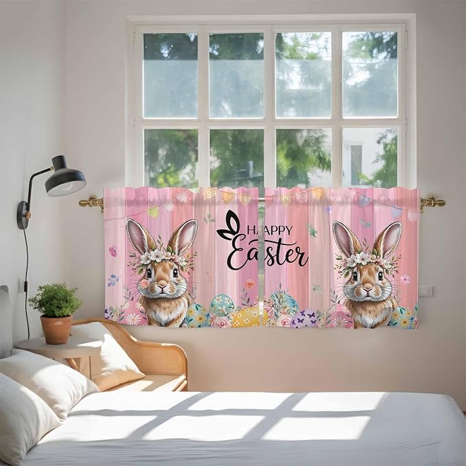 Easter Tier Curtains, Spring Rabbit Eggs Flowers Flags Leaves Wood Grain Light