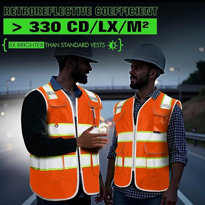 BeautyWill 5Pack Custom Logo Safety Vest 8 Pockets Class2 ANSI Certified High Visibility Reflective Vest for Men - Personalized Logo Heavy-Duty Work Vest（Orange，S）