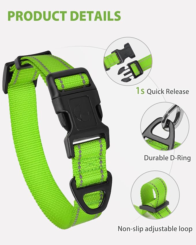 Joytale Large Dog Collar, Reflective and Adjustable Nylon Pet Collar with Quick-Release Buckle for Large Dogs, Green, L