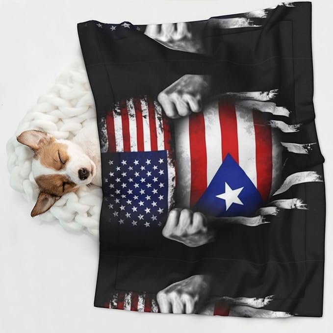 Reversible Dog Blanket for Beds Couches, American Puerto Rico Flag Pull Apart Black, Double Sided Cat Blanket with Textured Dot Feel and Smooth Feel for Seasonal Comfort All Year