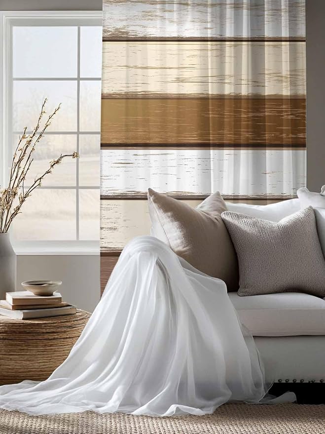 Sheer Curtains 72 Inches Long, Vintage Geometric Brown Semi Sheer Curtains