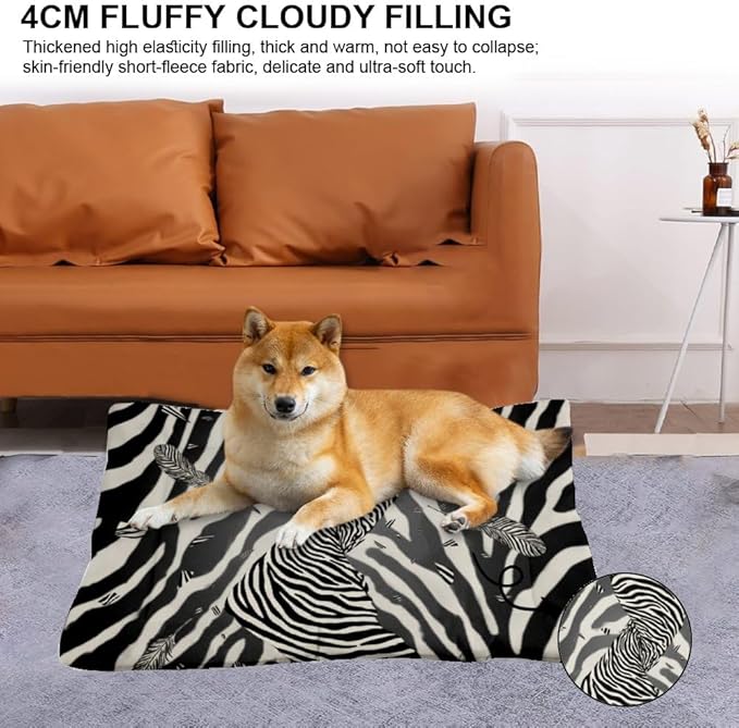Zebra Print Feathers Machine Washable Dog Bed Bed Mats for Dogs Small Crate Pad Dog Beds for Crates Washable Non-Slip Cushion Crate Medium Dogs Cage Mats Crates Pet Cushion Indoor Outdoor 24X18 Inch