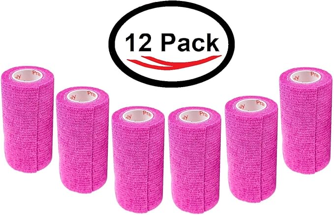 3 Inch Vet Wrap Tape Bulk (Fuchsia) (Pack of 12) Self Adhesive Adherent Adhering Flex Bandage Grip Roll for Dog Cat Pet Horse