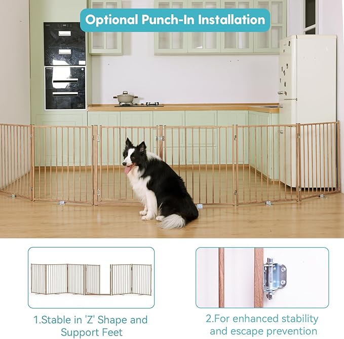 No Pawblems Free Standing Dog Gate with Door, 30'' Tall Foldable Dog Fence for Indoor & Outdoor, Up to 156" Extra Wide Puppy Gate for Stairs, Hallways, Doorways, Deck, Yard (Wood Pattern, 6 Panels)