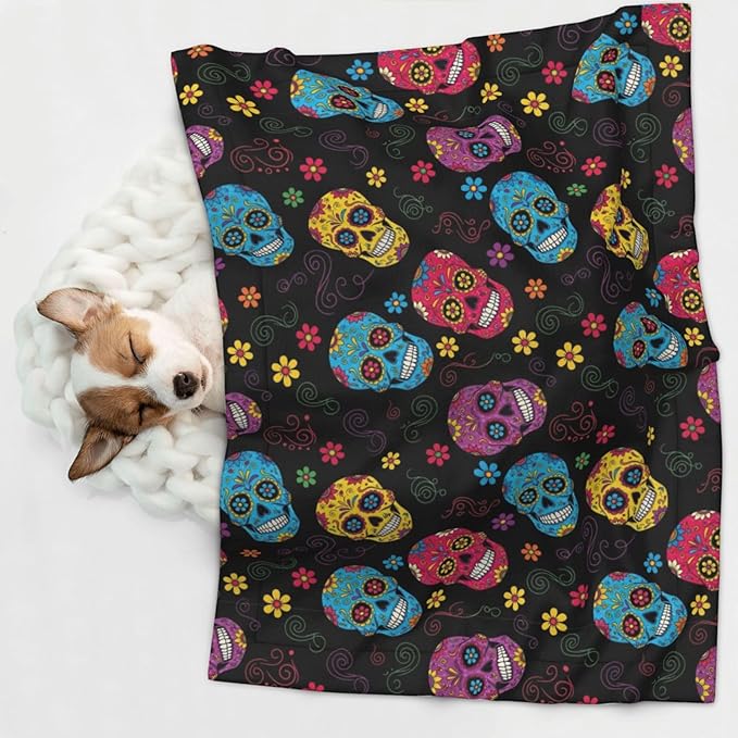 Pet Blanket for Indoor Outdoor Use, Sugar Skulls, Two Sided Reversible Plush Mat with Bumpy Dot Texture for Patios Crates Portable Bed Companion