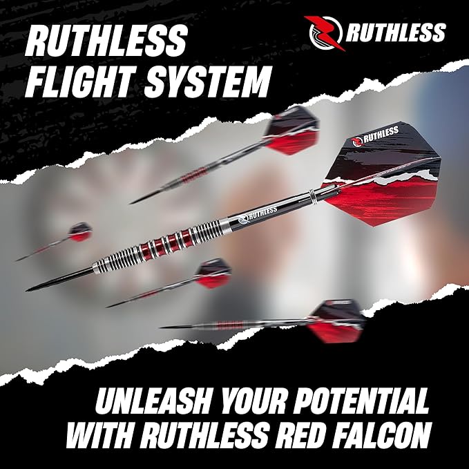 RUTHLESS Red Falcon Professional Tungsten Steeltip Darts Set in 22g and 24g, with Flights and Stems Shafts