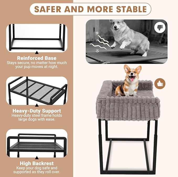 Beside Dog Bed,Adjustable Height Dog Bunk Beds,27.5''x 18''Metal Dogs Bed Frame with Washable Removable Corduroy Cover,Memory Foam Pet Bed with Sides,Medium