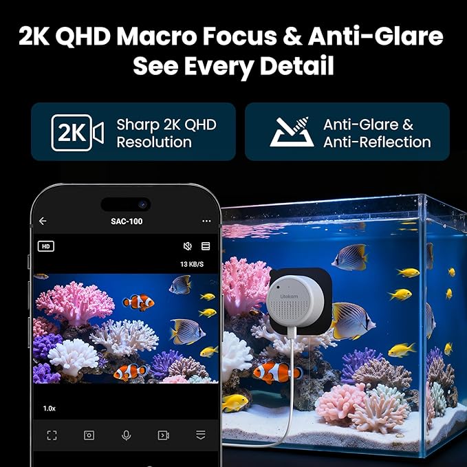 litokam Reptile & Aquarium Camera, 2K Anti-Glare Fish Tank & Terrarium Camera with Close-Focus Lens, 147° Ultra-Wide Angle, F1.0 Aperture, 3X Zoom, 24/7 Recording, 2.4G/5GHz WiFi
