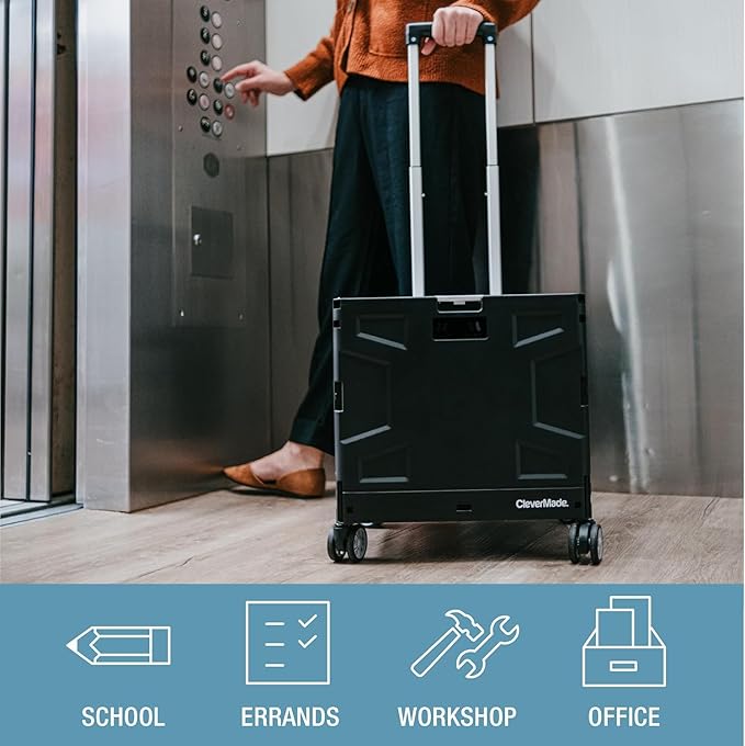 CleverMade Collapsible Wheeled Crate with Lid, 4-Wheels - Swivel and Glide Rolling Crate with Handle and Double Wheels for Easy Transport and Versatile Use - 55L and 100lb Capacity, Cool Gray