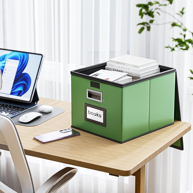 Huolewa Portable Leather File Organizer Storage Boxes, Collapsible File Folder Organizer Boxes with Lids, Document Organizer, Decorative Filing Box Cabinet for Letter/Legal File Folder Storage