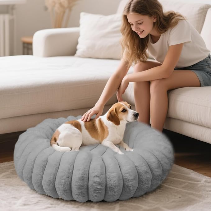 Donut Dog and Cat Bed, Luxurious Comfortable Faux Rabbit Fur Pet Beds, Soft Anti-Anxiety Calming Puppy Kitten Bed with Anti-Slip Bottom for Small Medium Dogs & Cats(20", Grey)