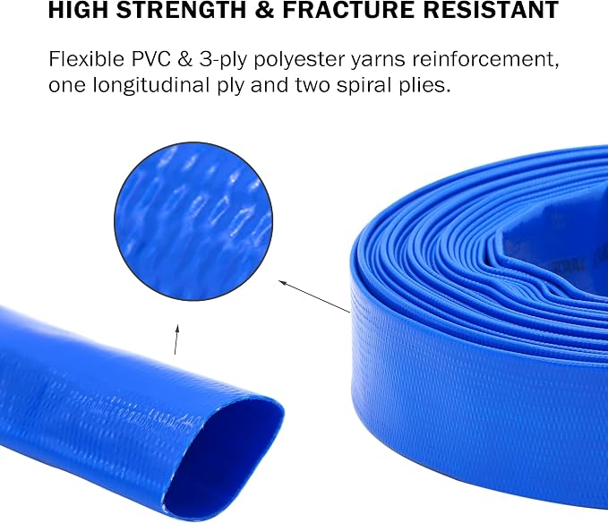 DAVCO 2" x 100 ft Pool Backwash Hose, Heavy Duty Reinforced Blue PVC Lay Flat