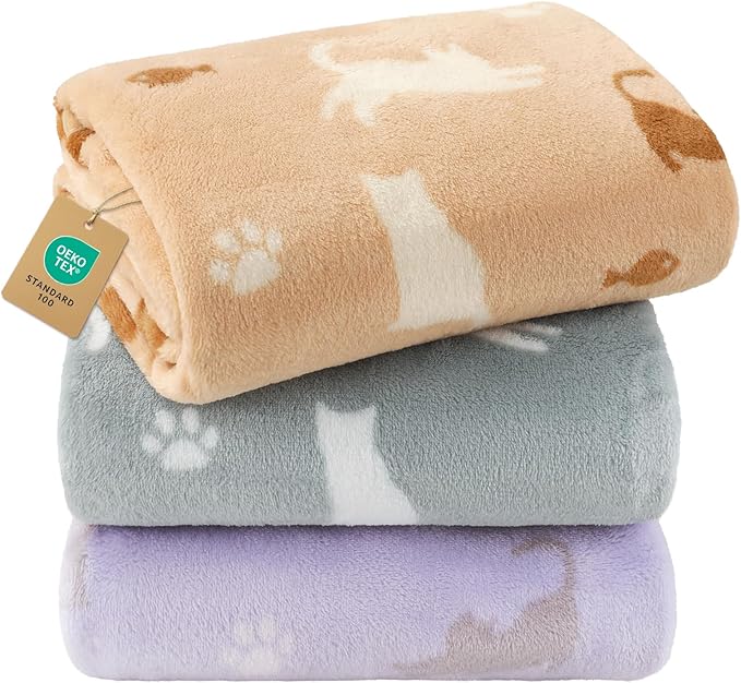 Luciphia 1 Pack 3 Blankets, Cute Cat Printed Fluffy Fleece Pet Blanket for Dogs Cats Washable, Warm Soft Throw Cover for Crate Couch, Gifts Puppy Essentials, Purple/Grey/Khaki, Large (41x31 inch)