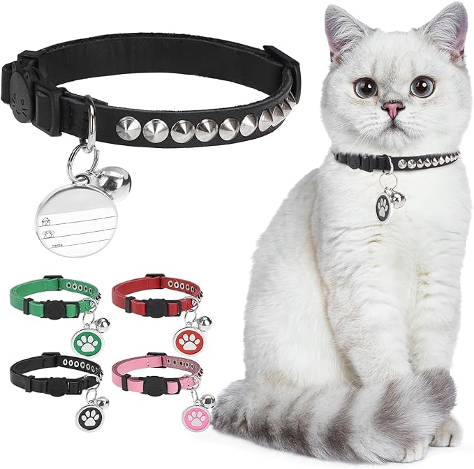 Leather Personalized Breakaway Cat Collar with Studded Bell and Safety Quick Release Buckle - Rivets Studded ID DIY Collars for Boy Girl Cats Kittens, Black XS