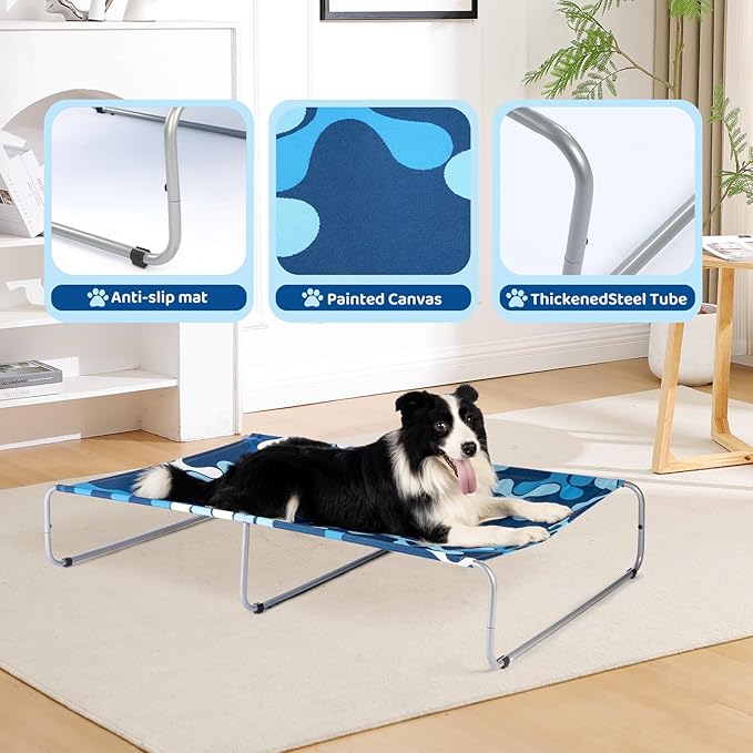 Elevated Dog Bed for Small Dogs 40lb,Breathable Cooling Raised Washable Dog Cot,Metal Frame, No-Slip Feet,Polyester Cotton,Indoor/Outdoor Pet Bed,28 * 22 * 7in, Clover Ocean Blue