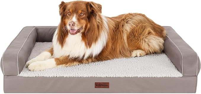 Furhaven Cooling Dog Sofa Bed – Memory Foam Couch with Bolsters, Textured Plush & Water-Resistant Cover, Washable Cover - Greige, Jumbo