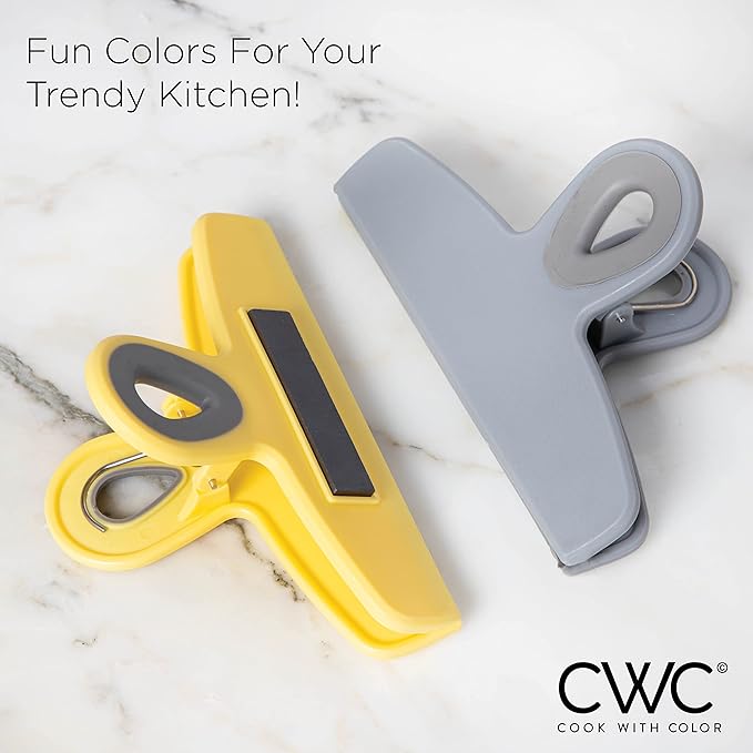COOK WITH COLOR Bag Clips - Heavy Duty Chip Clip and Refrigerator Magnet Clips for Food Storage with Air Tight Seal Grip, Yellow and Grey, Pack of 4 Large Clips