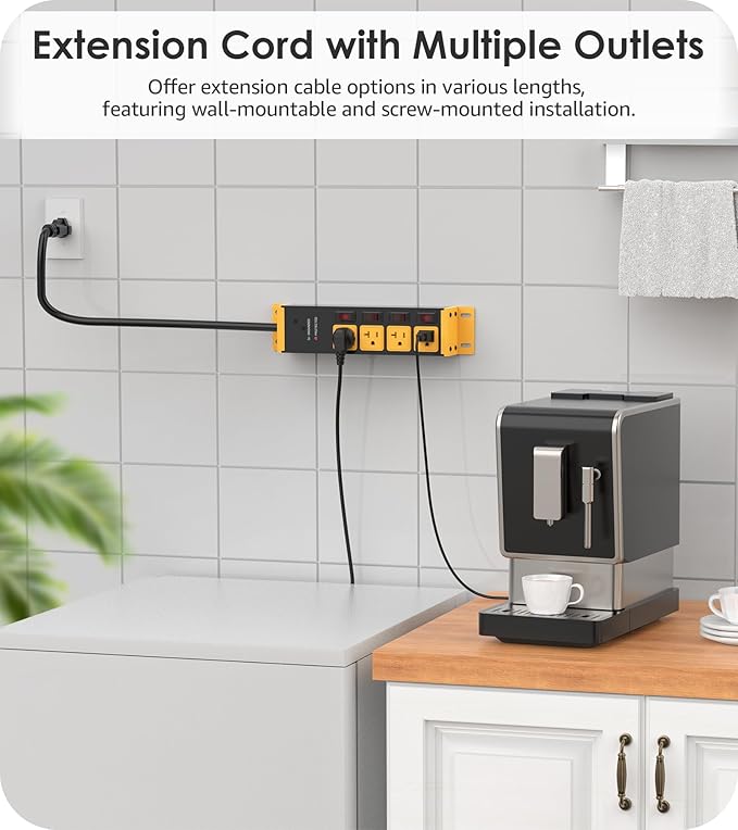 CCCEI Heavy Duty Surge Protector Power Strip 20 Amp Individual Switches. 15FT 12 Gauge Extension Cord with Multiple Outlets. Kitchen, Garage, Shop, Industrial Wall Mount Electric Extender, Yellow.