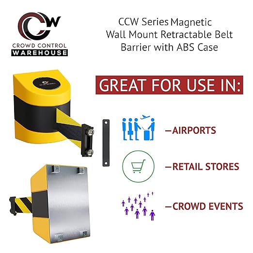 Crowd Control Warehouse - CCW Series WMB-230 Magnetic Wall Mount Retractable Belt Barrier - 30 Foot Belt, Purple Belt with Yellow ABS Case