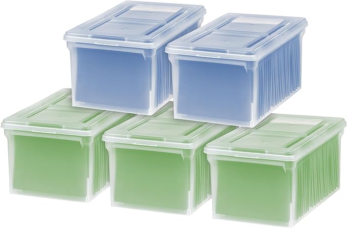 IRIS USA File Box File Organizer w/ Hinged Split Latching Lid for Letter/Legal File, Water Resistant Document Box, BPA-Free, Plastic Storage Bin Tote Organizer, Stackable, Nestable, Clear 44 Qt. 5Pack
