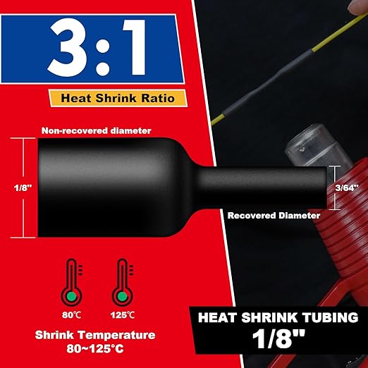 1/8" Heat Shrink Tubing, 65FT Marine Grade 3:1 Shrink Ratio Shrink tubing, Adhesive Lined Heat Shrink Tube, 1/8 Waterproof Shrink Tube for Wires Home Automotive-Black