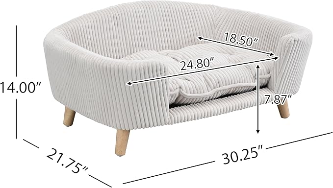 30''inch Bed Frame for Large Dogs, Modern Pet Sofa, Elevated Dog Couch Bed with Wooden Legs, Oval Small Dog Bed, Cozy Tufted Cushion Pet Furniture (Beige)