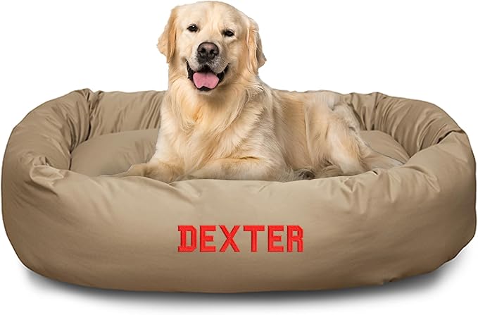 Majestic Pet Personalized 40 Inch Bagel Calming Dog Bed Washable – Cozy Soft Round Dog Bed with Spine Support for Dogs to Rest Their Head - Fluffy Donut Dog Bed 40x29x9 (Inch) - Large – Khaki