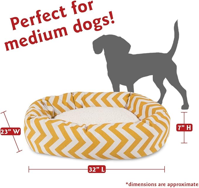 Majestic Pet 32 Inch Chevron Sherpa Calming Dog Bed Washable – Cozy Soft Round Dog Bed with Spine for Head Support - Fluffy Donut Dog Bed 32x23x7 (inch) – Round Pet Bed Medium - YELLOW