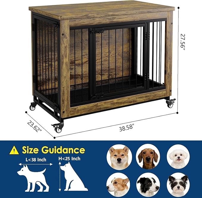 38.6 Inch Rustic Wooden Dog Crate Furniture with 3 Doors, Heavy Duty Indoor Dog Kennel Side Table with Wheels and Removable Tray, Easy-Clean Pet House Cage for Small to Medium Dogs