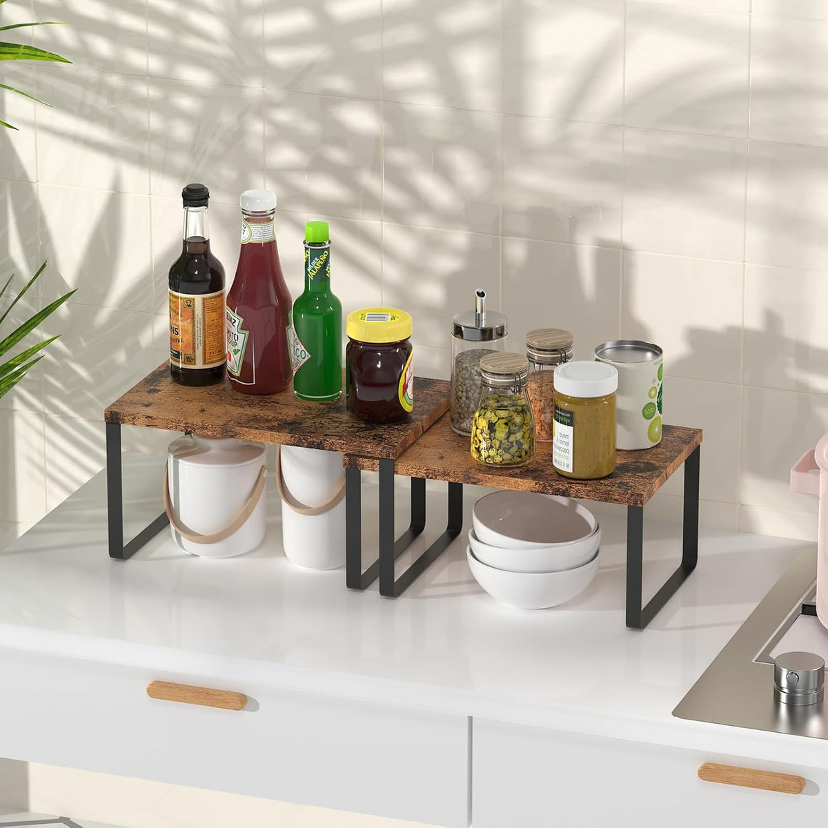 CADUKE Set of 4 Counter Shelves Kitchen Cabinet Shelf Organizer Brown