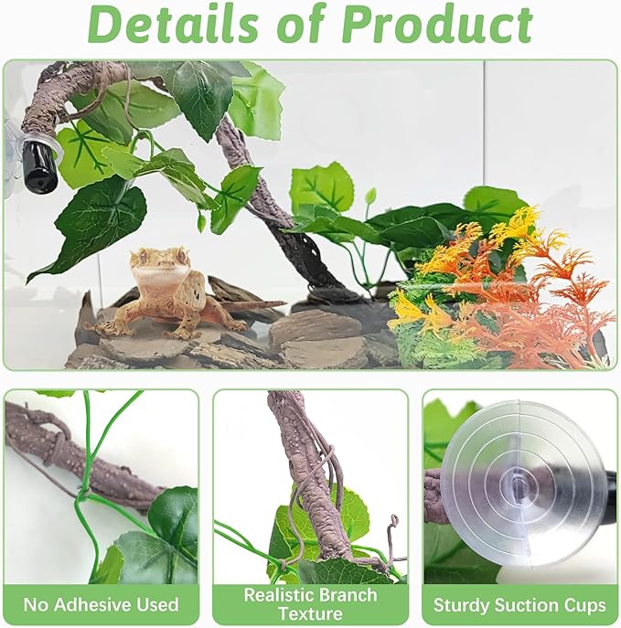 VCEPJH Reptile Climbing Branch Decor 2 Pcs Bendable Jungle Vine with Suction Cup Terrarium Plant Decoration for Gecko Bearded Dragons, Snake,Frogs, Chameleons Cage Accessories (U)