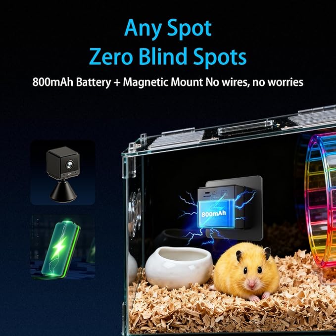 2K HD Small Pet Camera for Hamsters, Gerbils, Fancy Mice & Guinea Pigs, 140° Wide-Angle Night Vision, Anti-Glare WiFi Cage Camera with Two-Way Audio, AI Motion Alerts & Easy Stick-On Install