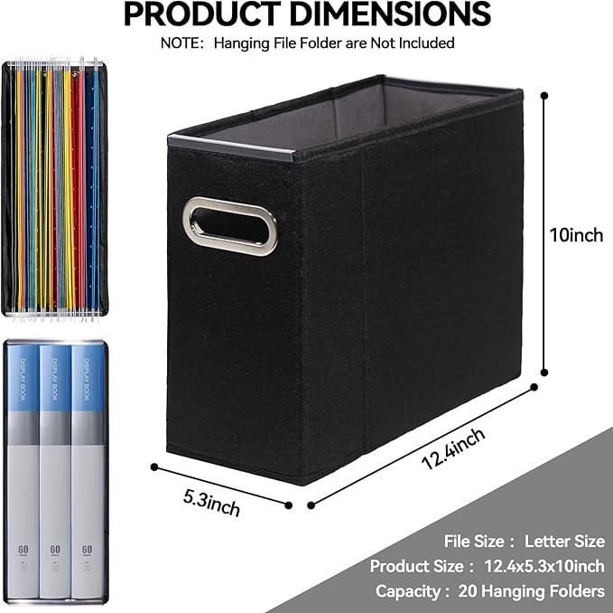 2 Packs Letter Size File Organizer, File Folders Organizer, Fabric Storage Box, Collapsible Paper Organizer with Metal Handle, Smooth PVC Rails, Only Box (Black)