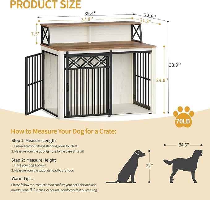 39.4'' Dog Crate Furniture, Large Wooden Dog Crate with Storage and 3 Doors, Indoor Kennel for Medium/Large Dogs, End Table with Barn Door, Chew-Proof and Escape-Proof, White Brown DFC87414B