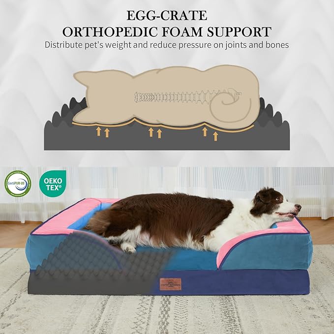 Comfort Expression Orthopedic Dog Bed for Large Dogs 36x27 Inch, Waterproof Egg Crate Foam Large Pet Bed with Removable Bolsters, Dog Couch with Washable Cover & Non-Slip Bottom, Enchanted Cove