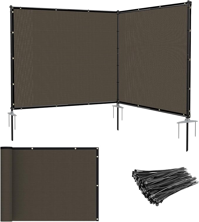 Patio 5' x 11'10" Outdoor Privacy Screen Freestanding Temporary Fence Panels Net Cover with Metal Poles for Outside Backyard Pool Garden Air Conditioner Fencing, Brown