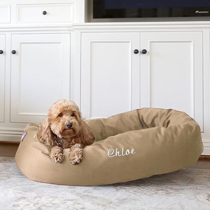 Majestic Pet Personalized 24 Inch Bagel Calming Dog Bed Washable – Cozy Soft Round Dog Bed with Spine Support for Dogs to Rest Their Head - Fluffy Donut Dog Bed 24x19x7 (Inch) - Small – Khaki