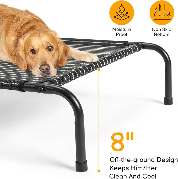 Elevated Dog Bed Raised Outdoor Dog Cot for Large Dogs, Raised Dog Hammock Cooling Bed, Frame with Washable Cooling Breathable Mesh Anti-Slip Feet, Indoor and Outdoor Pet Bed, 50 Inches Black