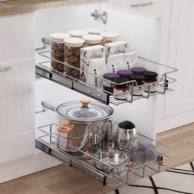 Pull Out Cabinet Organizer 14" W X 22" D, Slide Out Drawers For Kitchen Organizers and Storage, Pull Out Drawers For Cabinets Capacity Heavy Duty Caddy, Cabinet Shelves Chrome-Plated, Bathroom Pantry