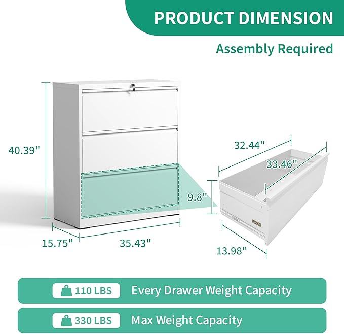 3 Drawer Lateral File Cabinets with Lock,White Metal Lateral Filing Cabinet for Home Office,Wide Steel Storage Cabinet Commercial Drawer Cabinet for Legal/Letter/A4 Size Files