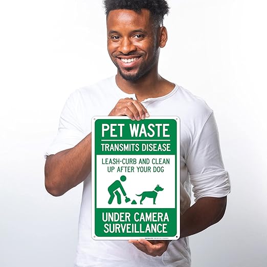 Pet Waste Leash-Curb and Clean Up After Your Dog Under Camera Surveillance Sign, 10x14 Inches, Rust Free .040 Aluminum, Fade Resistant, Made in USA