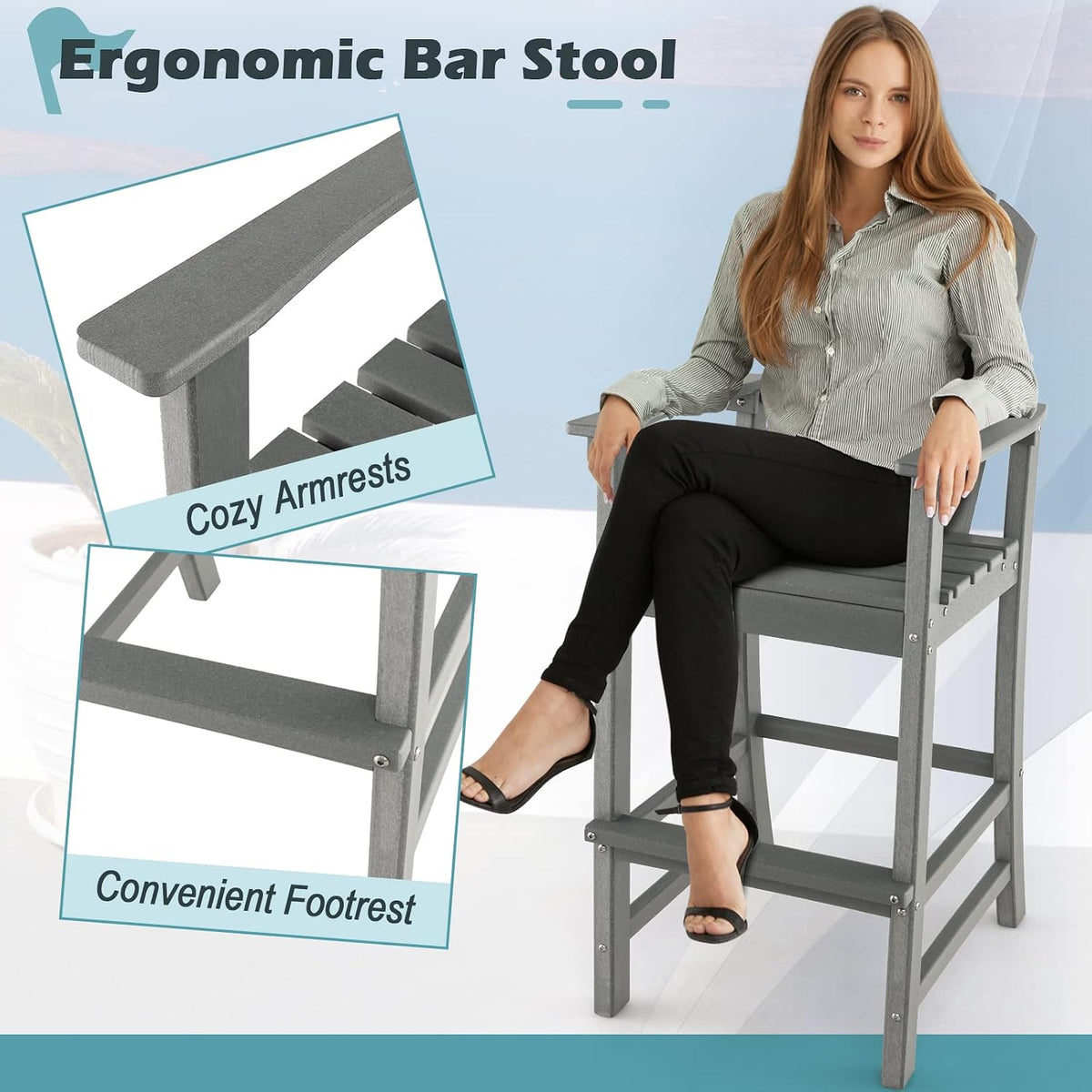 GIANTEX Outdoor HDPE Bar Stool, Tall Adirondack Chair with Armrests and Footrest, 30 Inches Counter Height Bar Stool for Garden, Backyard, Weather Resistance, Easy Maintenance (2, Gray)