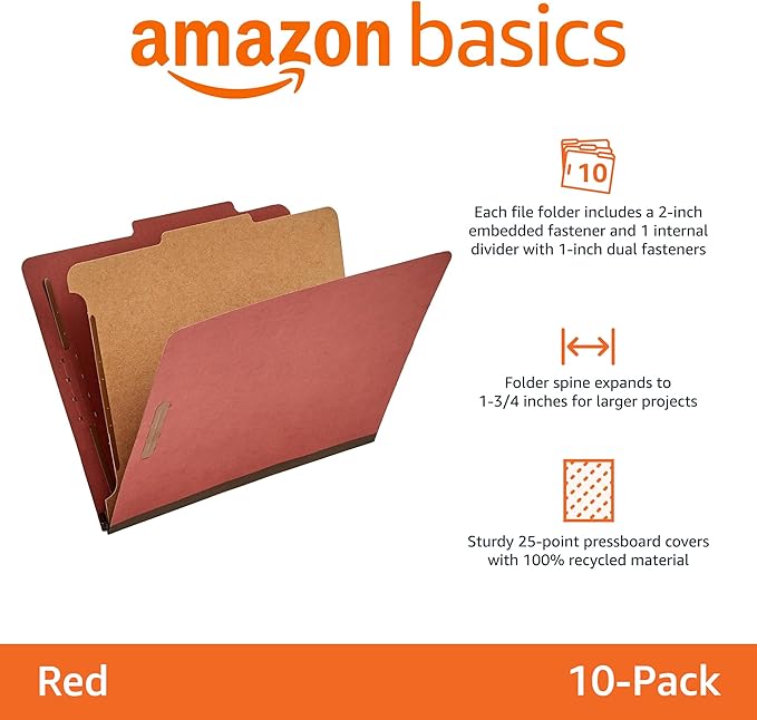 Amazon Basics Classification Folder- 100% Recycled, 1 Divider, 2" Embedded, 10 Count per Box, 12.09 x 10.63 inch (Letter), Red
